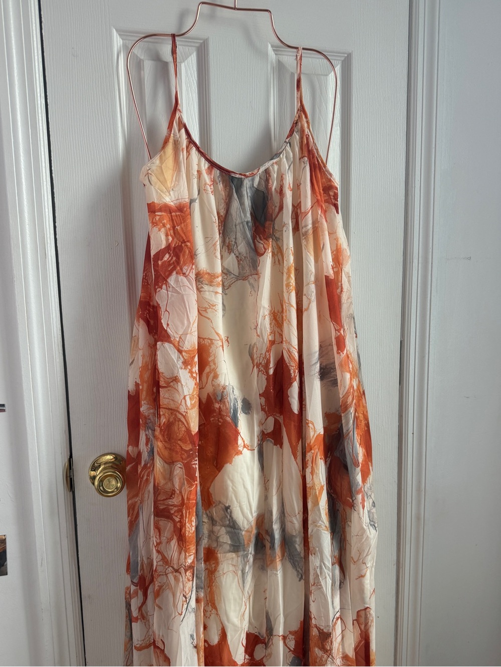 Satin Spaghetti-Strap Maxi Dress in Cream and Rust-Orange